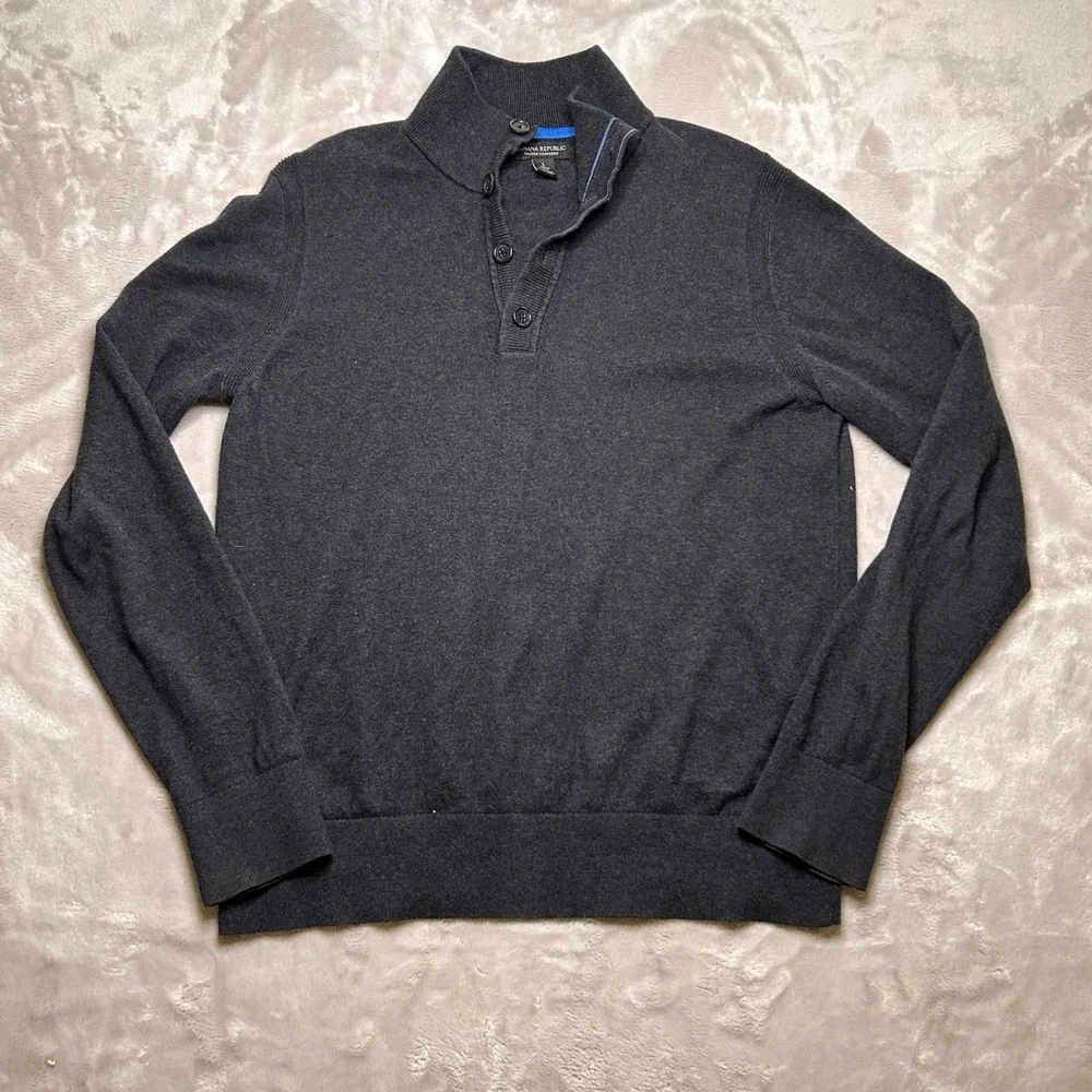Banana Republic Cotton Cashmere Sweater Mens L Dark Gray Henley Mock Neck Preppy